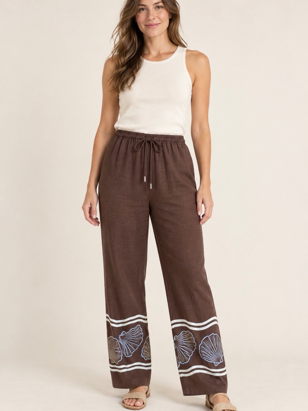 Wide-Leg Drawstring Pants in Brown with Shell Trim